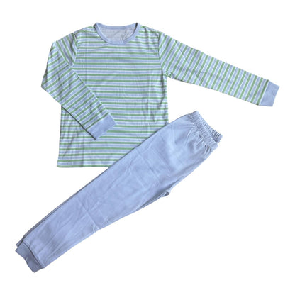Pijama Longo Listrado verde e azul & calça azul em Algodão Pima Peruano