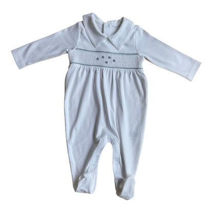 Macacão Longo Branco Smock Estrelas em Algodão Pima Peruano