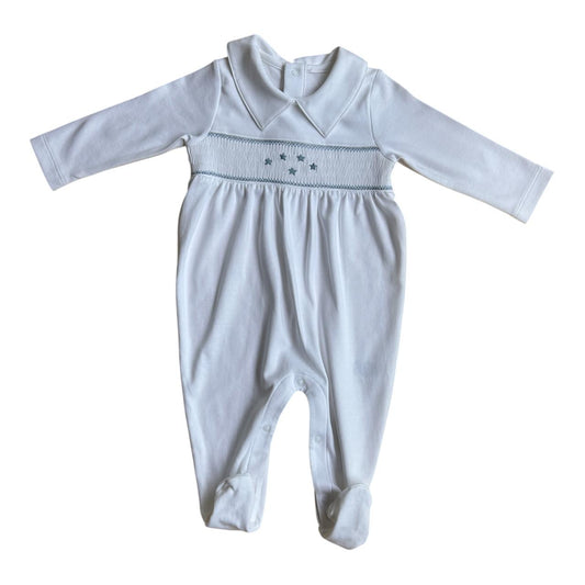 Macacão Longo Branco Smock Estrelas em Algodão Pima Peruano