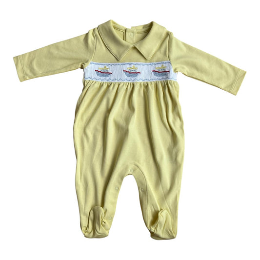 Macacão Longo Amarelo Smock Barquinho em Algodão Pima Peruano