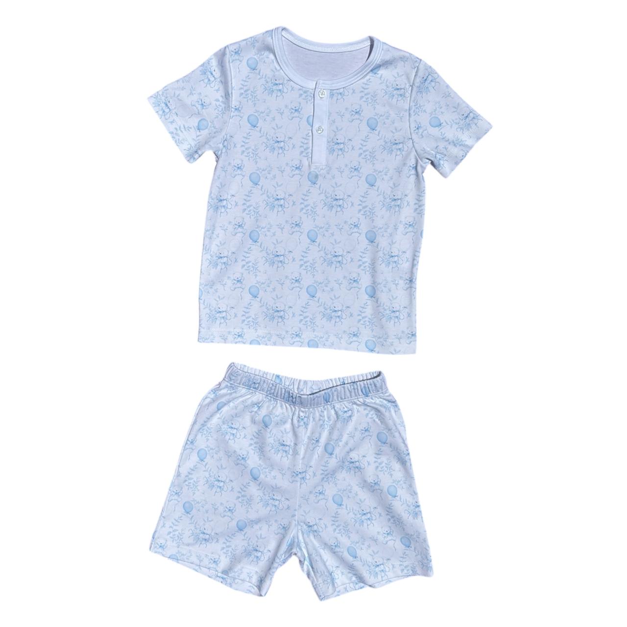 Pijama Curto Estampa Ursinho e Balões Azul em Algodão Pima Peruano