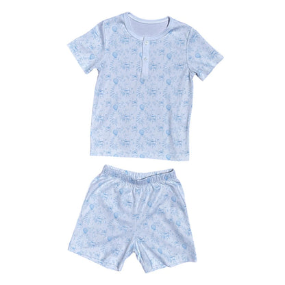 Pijama Curto Estampa Ursinho e Balões Azul em Algodão Pima Peruano