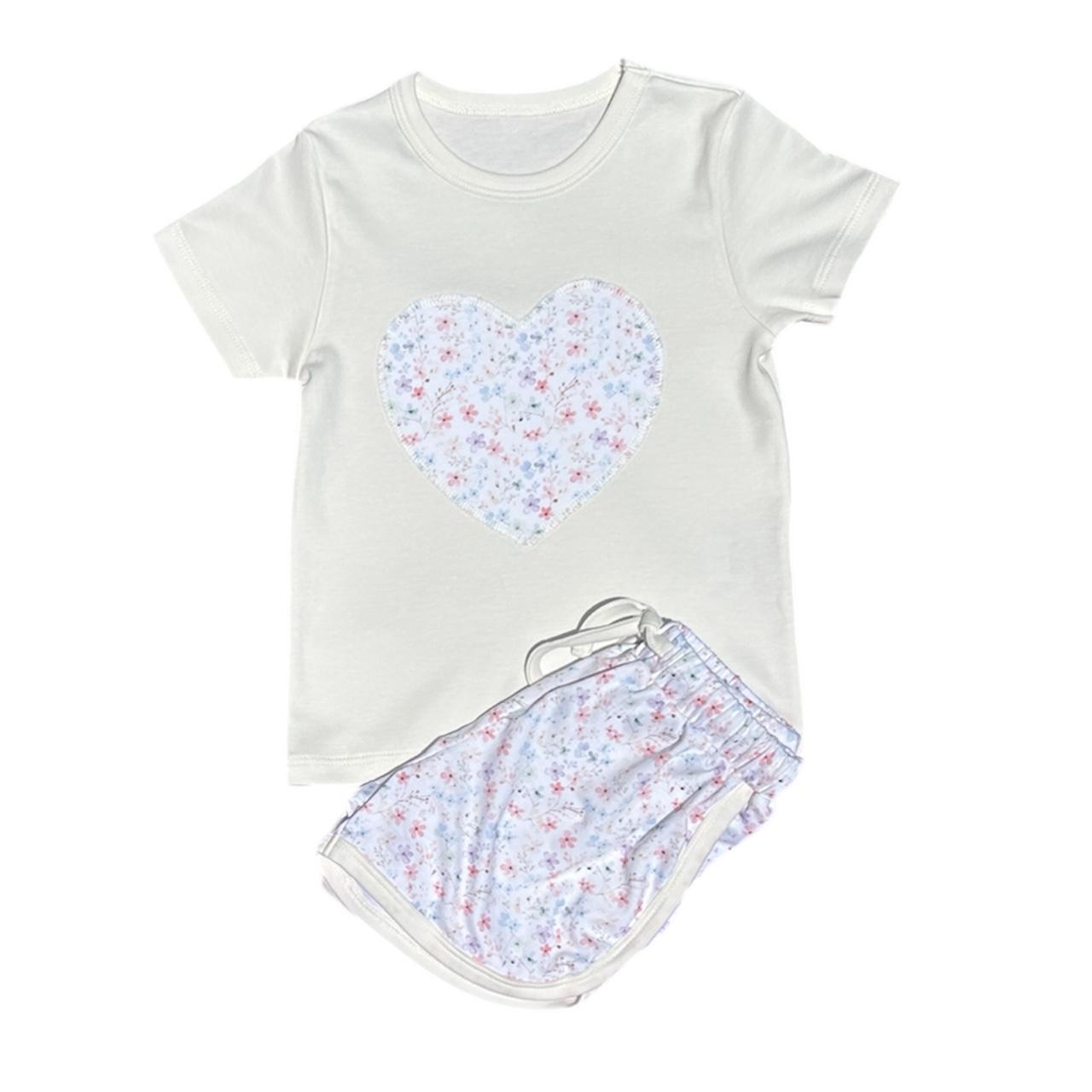 Pijama Curto Coração Florido em Algodão Pima Peruano