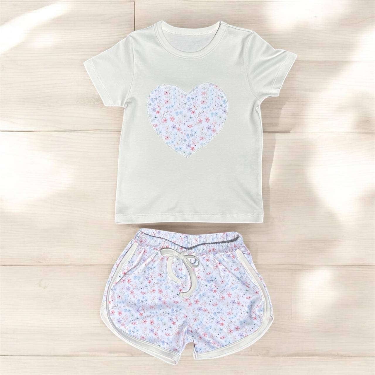 Pijama Curto Coração Florido em Algodão Pima Peruano