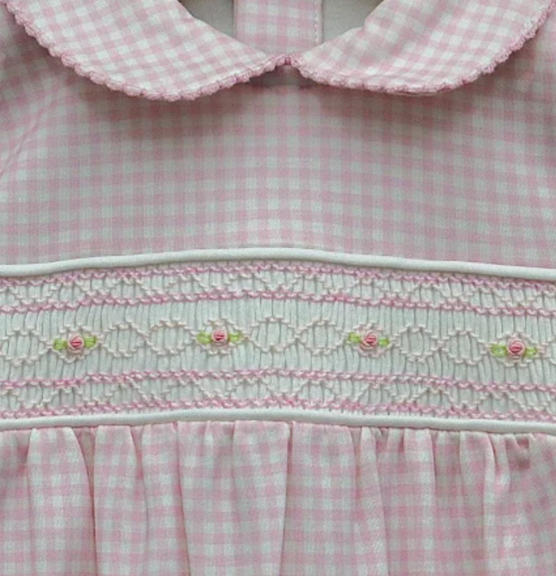 Macacão Longo Xadrez Rosa Smock Flor em Algodão Pima Peruano