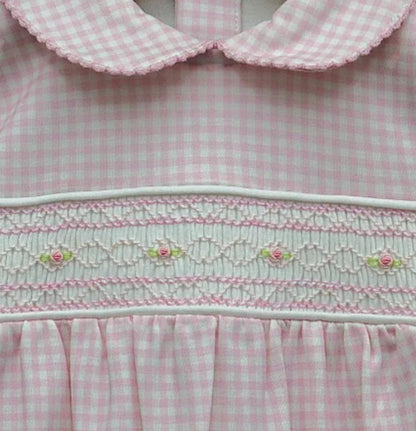 Macacão Longo Xadrez Rosa Smock Flor em Algodão Pima Peruano