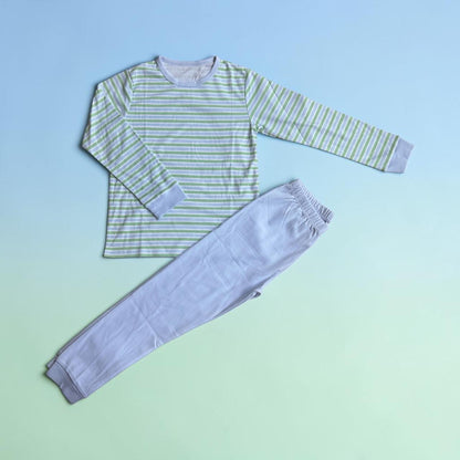 Pijama Longo Listrado verde e azul & calça azul em Algodão Pima Peruano