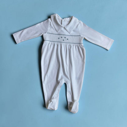 Macacão Longo Branco Smock Estrelas em Algodão Pima Peruano