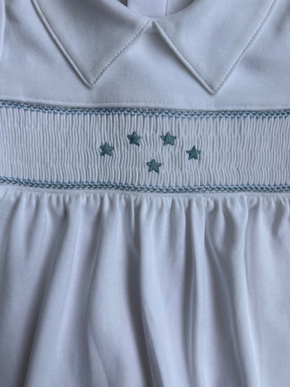 Macacão Longo Branco Smock Estrelas em Algodão Pima Peruano